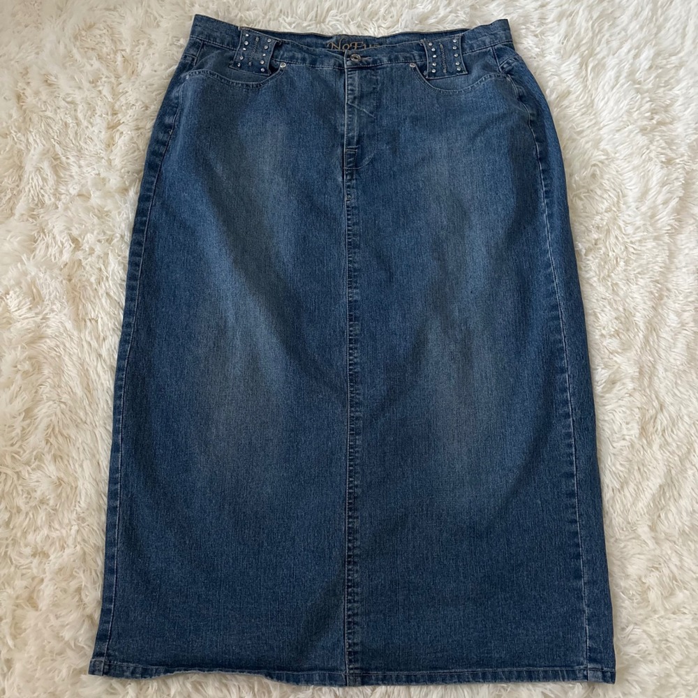 NoFuze Denim Maxi Skirt Blue Rhinestone Embellished Long Jean Skirt Size 38"